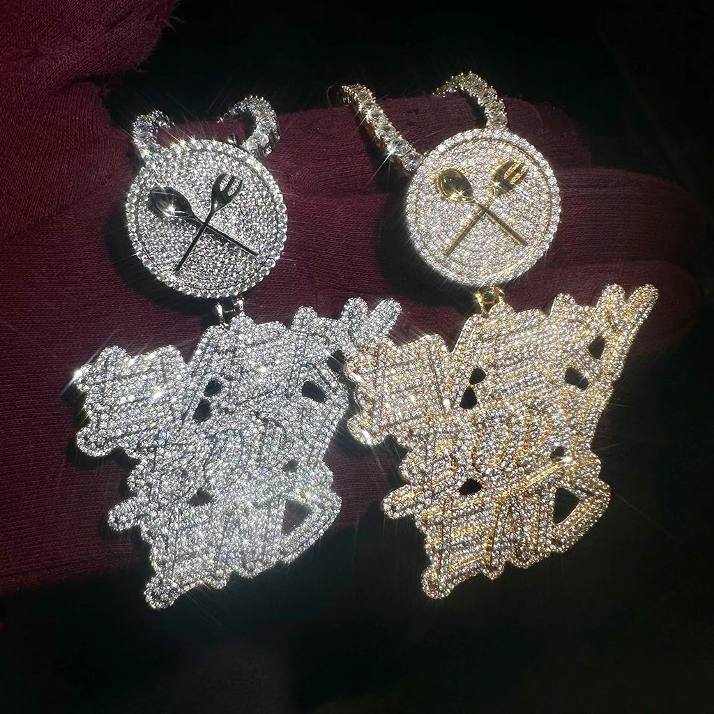 Aokaishen Iced Out Necklace Pendant for Men Every Body Eats Charms Real Copper Cubic Zircona Gold Plated Hip Hop Jewelry