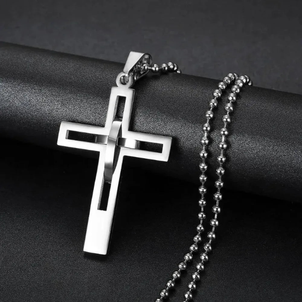 Fashion Double Cross Pendant Jesus Necklace for Men Boy Stainless Steel 24Inch Chain Link Necklaces Male Religious