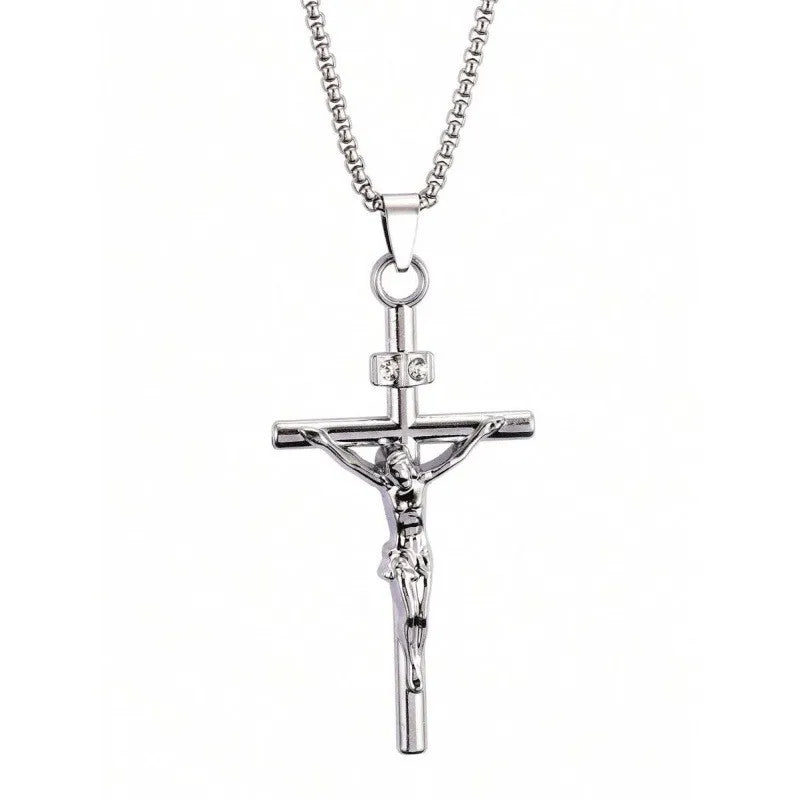 Jesus Crucifix Rhinestone Cross Necklace — Stainless Steel