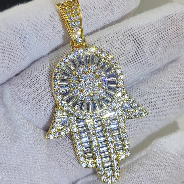 Iced Out Hamsa Hand of Fatima Pendant Necklace — Copper Alloy
