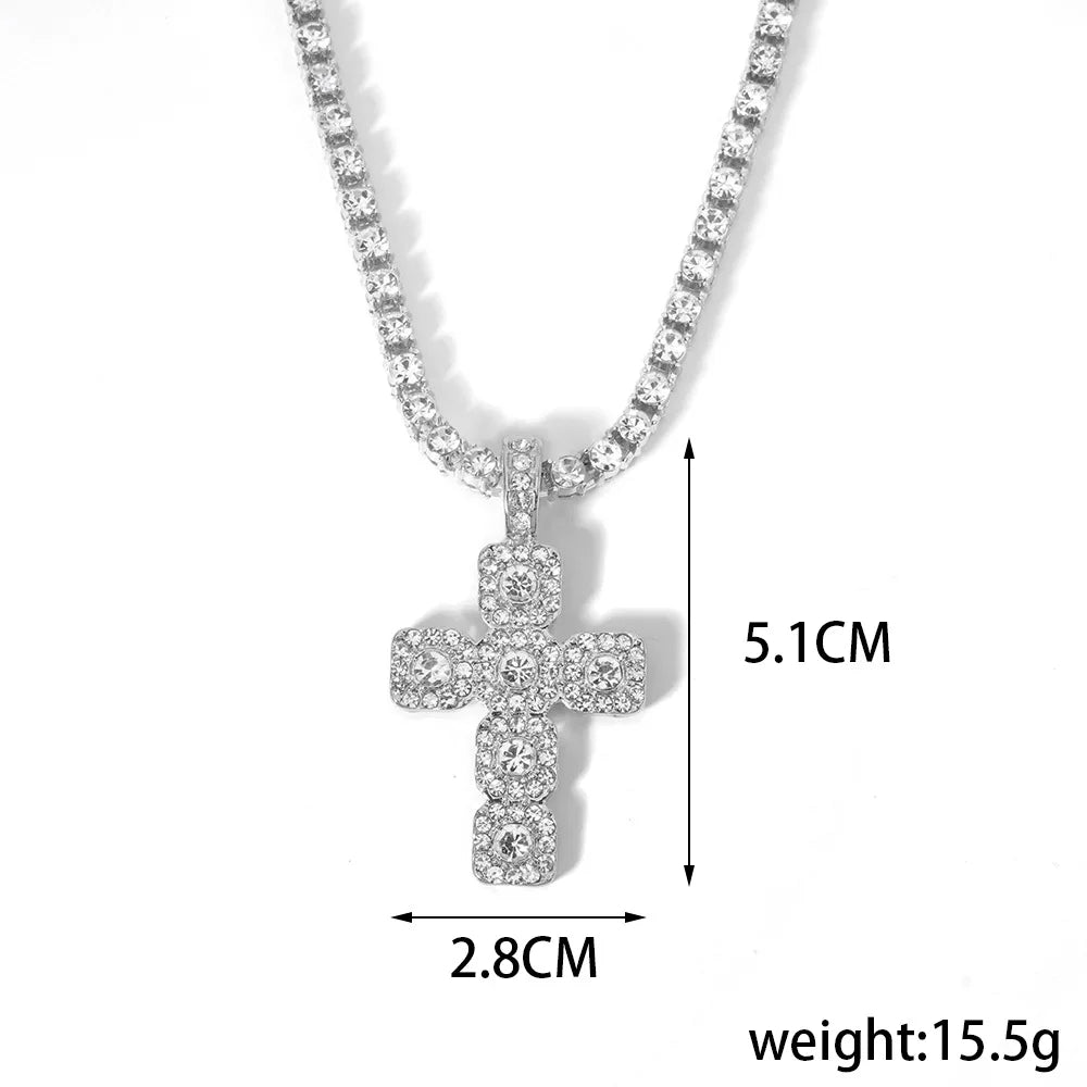Iced Out Cross Pendant Necklace — 4mm Tennis Chain, Two-Tone