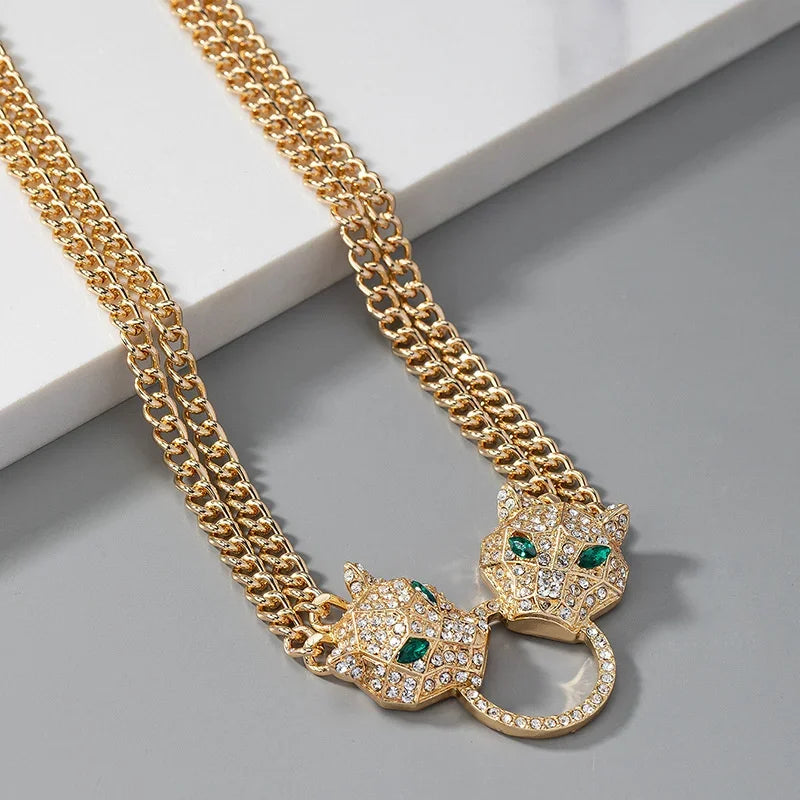 Fashion Double Leopard Head Pendant With Adjustable Double Layer Chain Necklace Panther Choker For Men Women Party