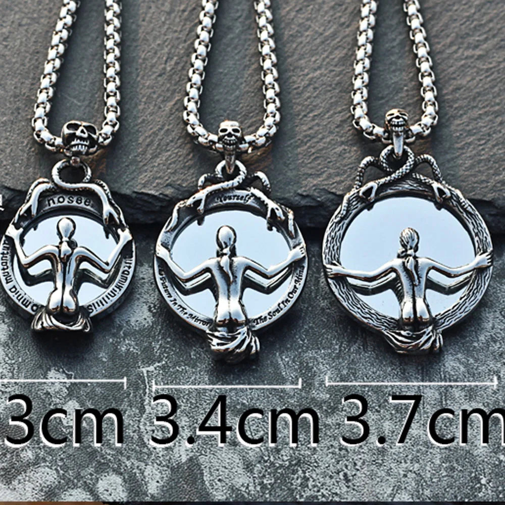 Vintage Stainless Steel Magic Mirror Skull Necklace Pendant Men Women Fashion Silver Color/Gold Biker Snake Necklace
