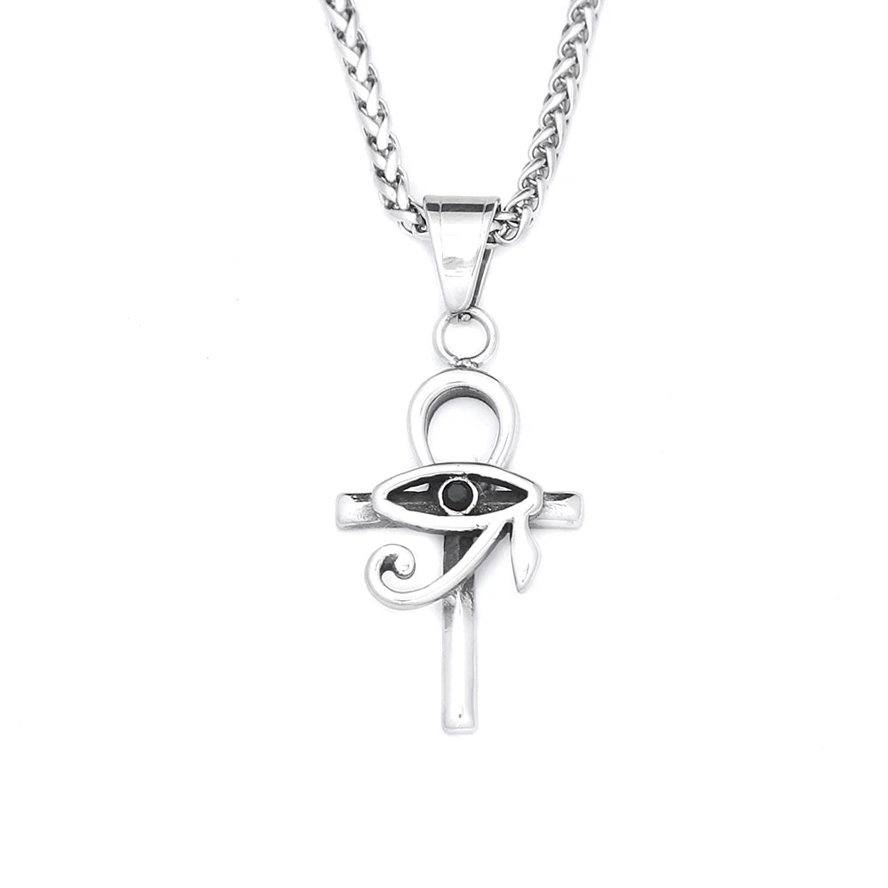 Vintage Stainless Steel Eye of Horus Pendant Necklace Fashion Punk Ankh Cross Necklaces For Men Women Amulet Jewelry