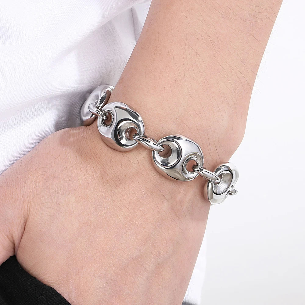 Luxury Gold Color Man Bracelets for Men 316L Stainless Steel 19MM Width Coffee Bean Style Chain Men's Bracelets