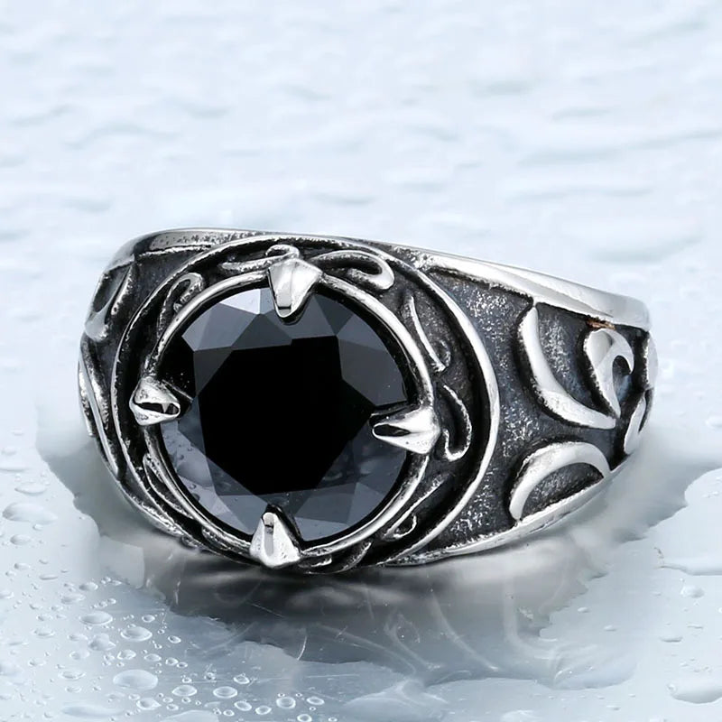Gemstone Carved Ring — Stainless Steel