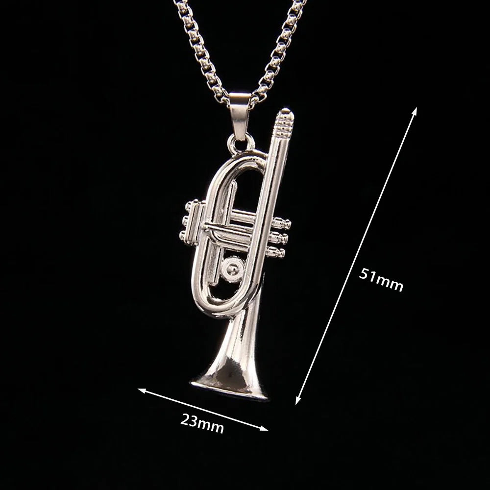 Hip Hop Trumpet Pendant Necklace Alloy Silvery Instrument Shape Necklaces Long Chain Chokers Women Men Rock Band Jewelry Gifts