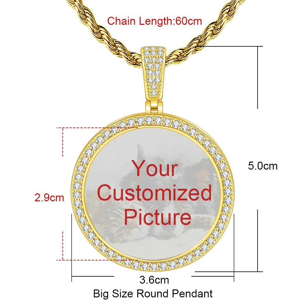 Large Round Photo Customized Pendant Necklace For Women Men Full Zirconia Neck Chain Hiphop Jewelry Memory Couple