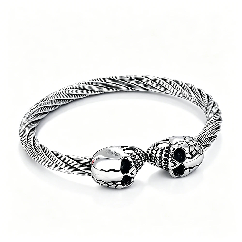 High Quality Stainless Steel Double Skull Bracelet Vintage Men Accessories Skeleton Bangle Fashion Charm Biker Jewelry Wholesale