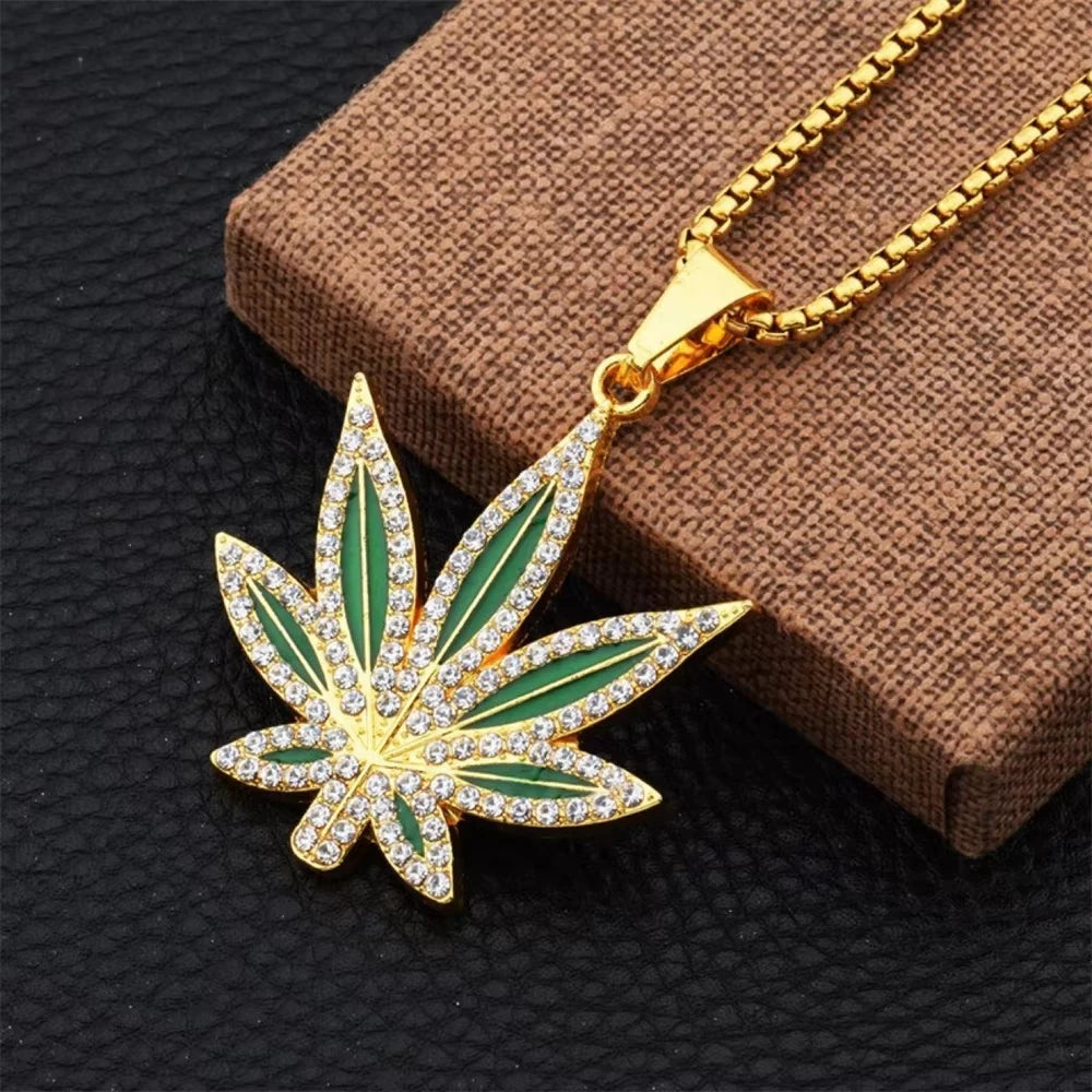 FTCY Rhinestone Maple Leaf Pendant Necklace For Men Women Personalized Punk Hip-hop Gold Color Necklace Jewelry Gift