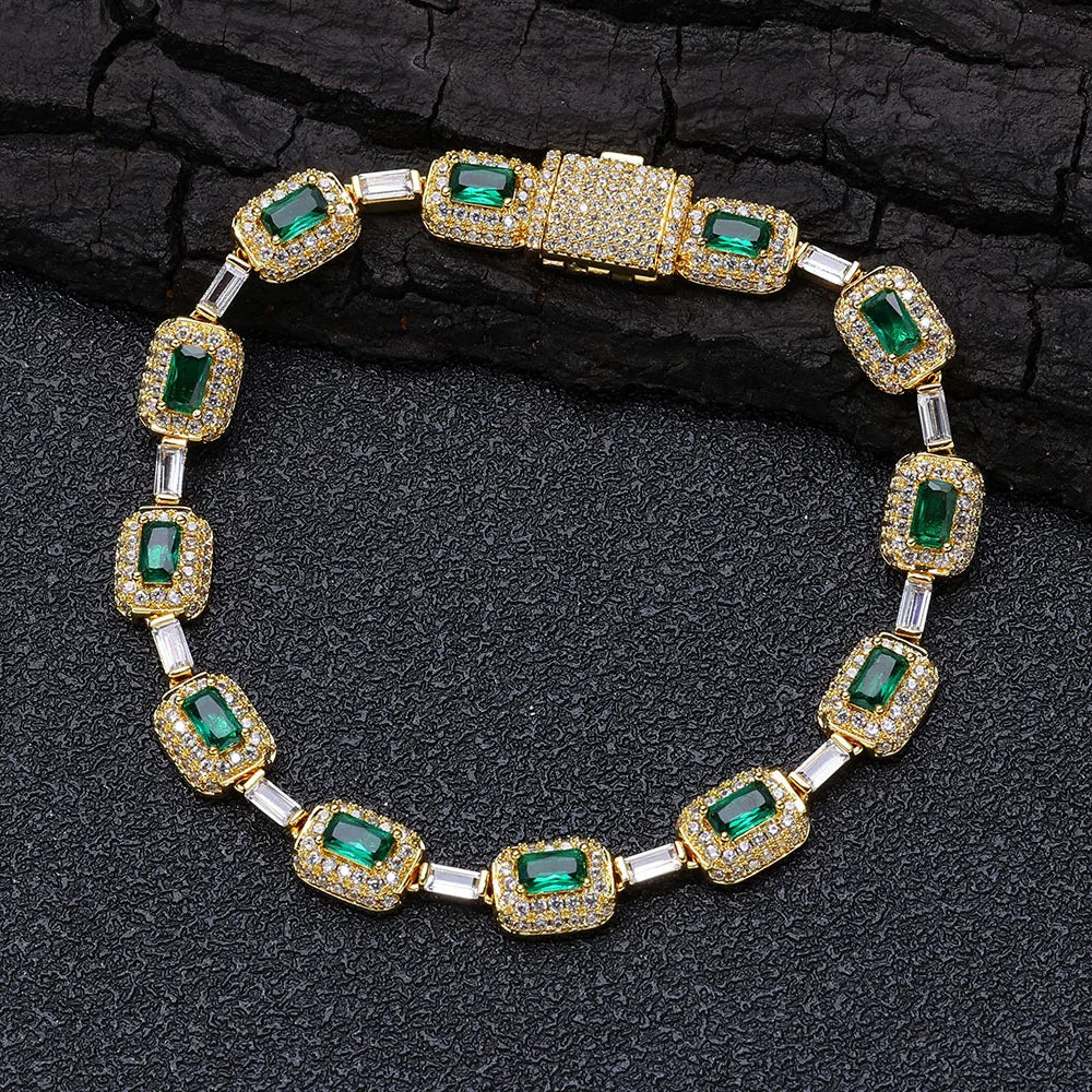 Luxury 24K 9999 Pure Gold real gold Hip-Hop Green Moissanite Diamond Bracelet Women's Emerald Bracelet