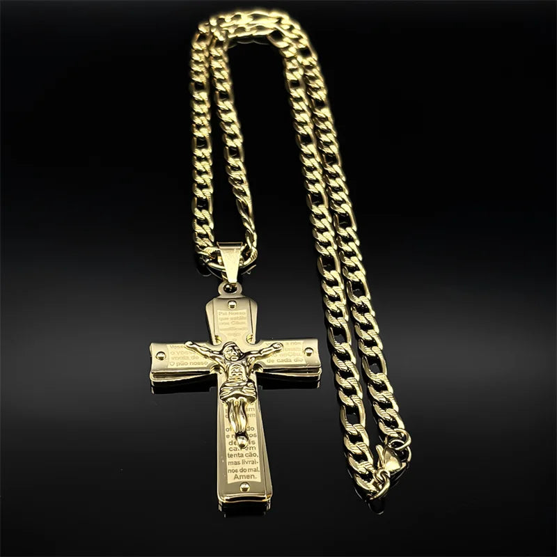 Christian Jesus Cross Crucifix Necklace for Man Women Stainless Steel Gold Color Bible Men's Chain Prayer Baptism Gift