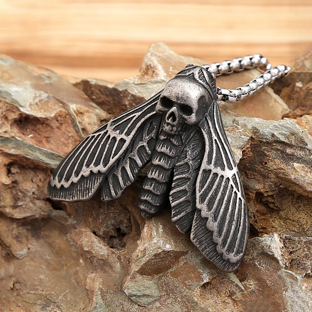 New Unique Vintage Stainless Steel Butterfly Moth Pendant Necklace For Men Punk Death Head Skull Necklaces Amulet
