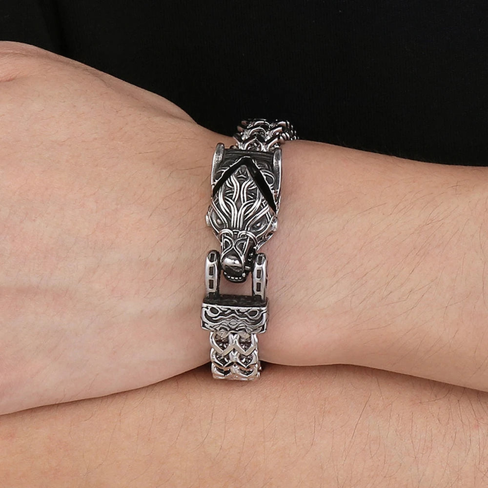 Nordic Viking Jewelry Man Bracelet With Snake Owl Wolf Head Solid Stainless Steel 12MM Mesh Link Chain Men's Bracelets