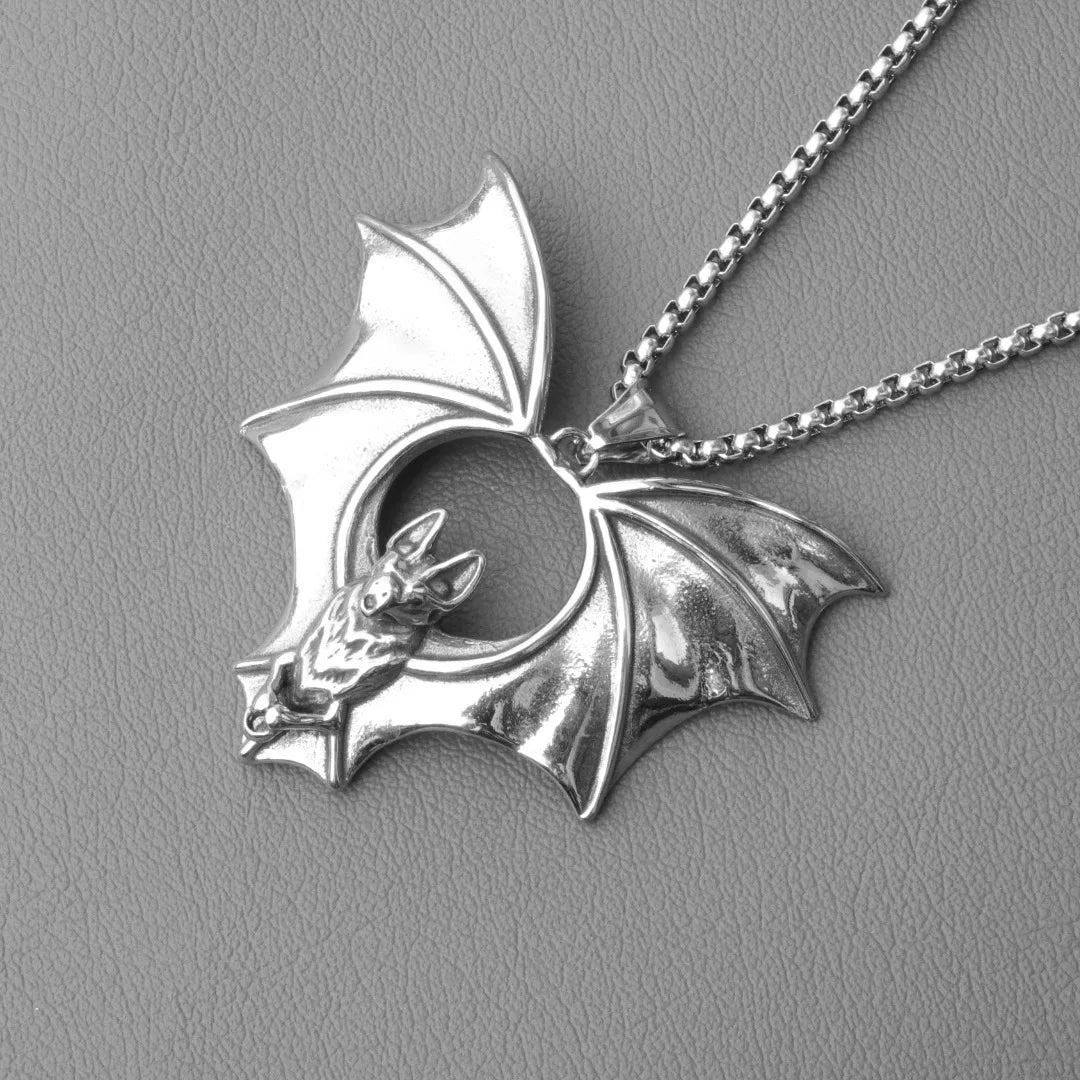 Gothic Bat Pendant Necklace Silver Stainless Steel