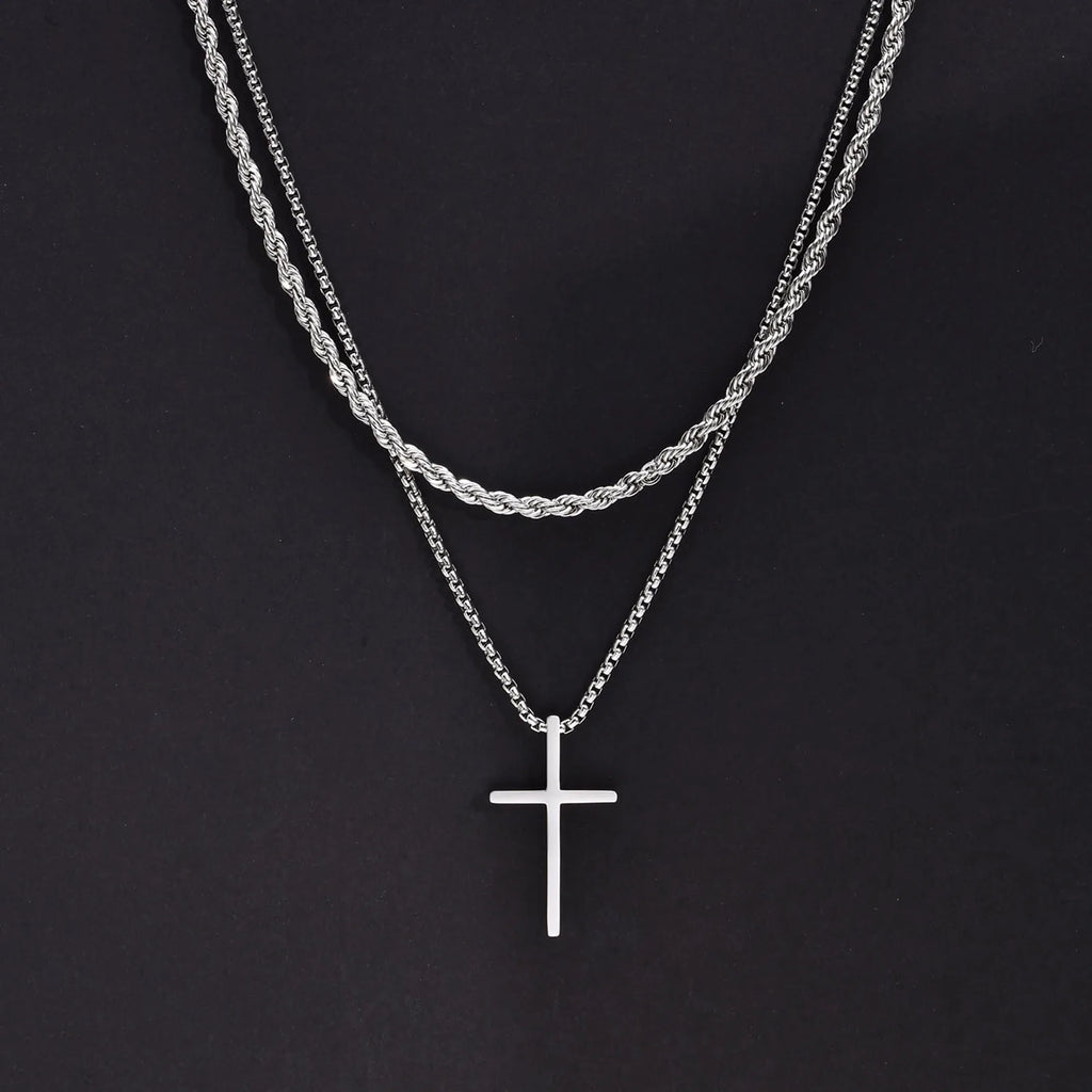 Vnox Dropshipping Mens Cross Necklaces Stainless Steel Layered Plain Cross Pendant Rope Box Chain Necklace Prayer Jesus Collar