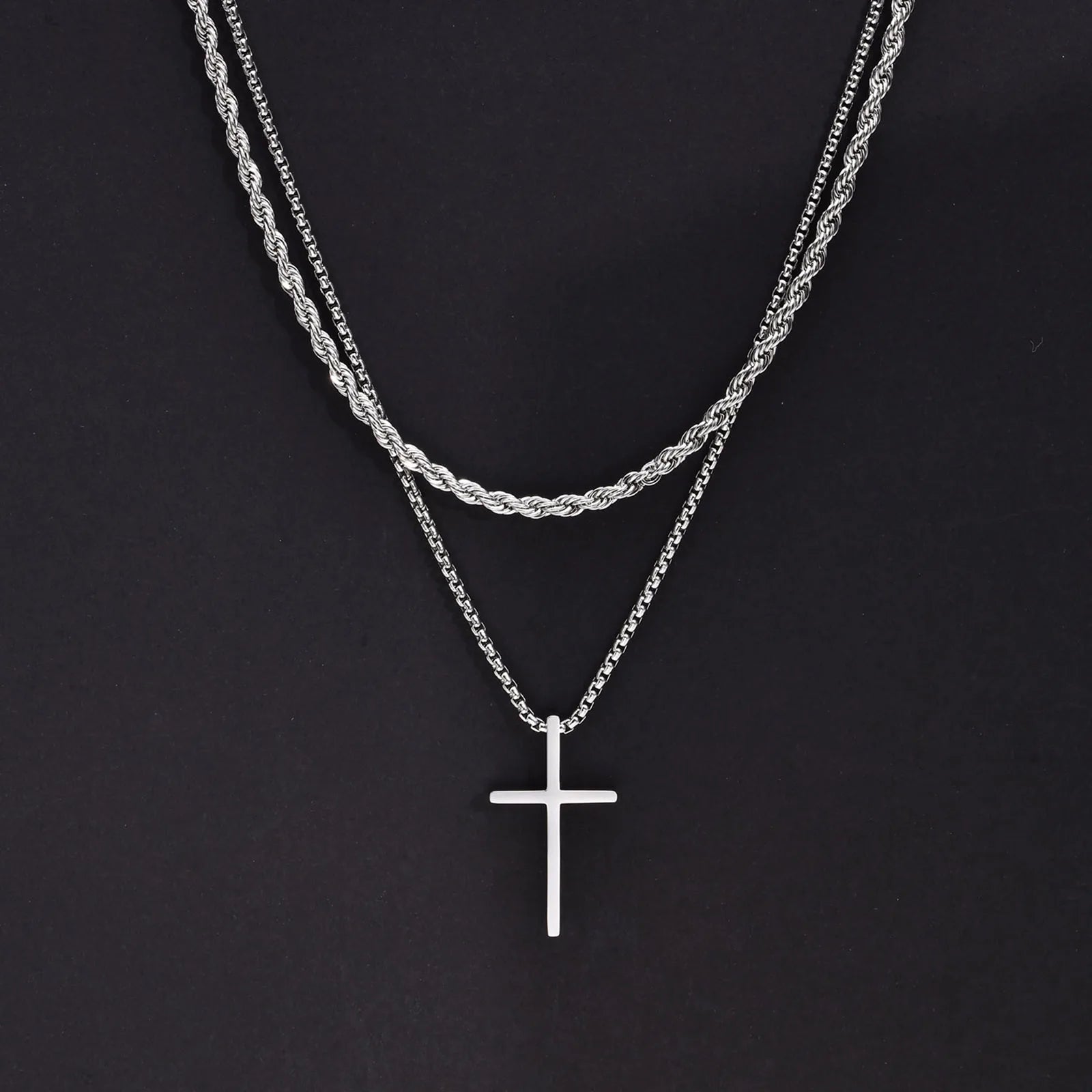 Vnox Dropshipping Mens Cross Necklaces Stainless Steel Layered Plain Cross Pendant Rope Box Chain Necklace Prayer Jesus Collar