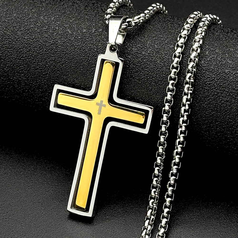 Christian Two-Tone Double Rotatable Cross Stainless Steel Jesus Amulet Pendant Necklace for Women Men Gold Color Chain