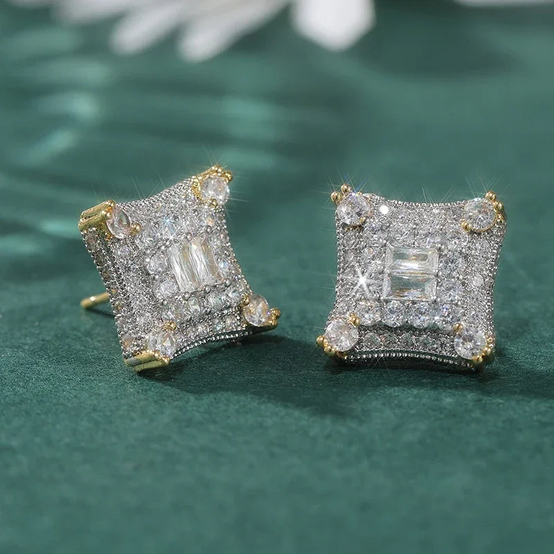 Fashion Hip Hop Inlaid Synthetic Zirconia Square Stud Earrings for Men Women Party Daily Versatile Jewelry Crafts