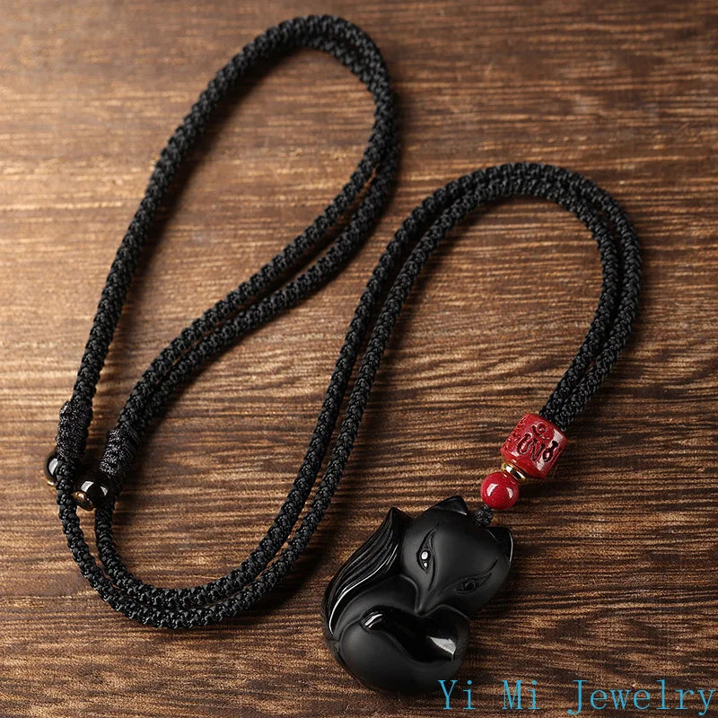 Natural Obsidian Fox Cinnabar Pendant Necklace — Black-Tone
