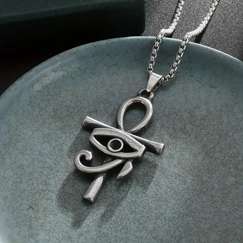 1pc Fashionable Horus Eye Ankh Cross Pendant Necklace, Unisex Amulet Jewelry for Sacred Protection