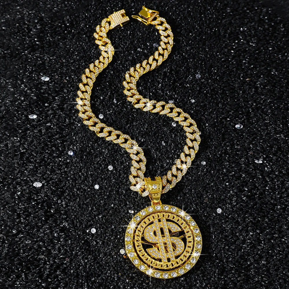 Men Hip Hop Big Rotatable US Dollar Money Sign Pendant Necklace 13mm Iced out Cuban Chain Choker Necklace Rap Rock