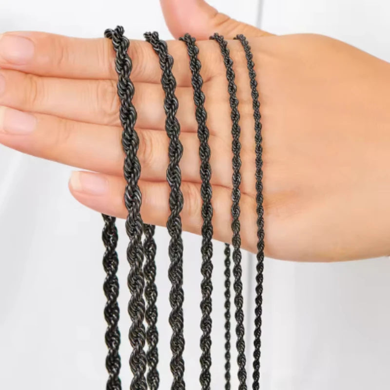 45/50/60/70cm One-piece Black Color Stainless Steel Twisted Rope Necklace, Men's Classic and Fashionable Daily Accessory Jewelry