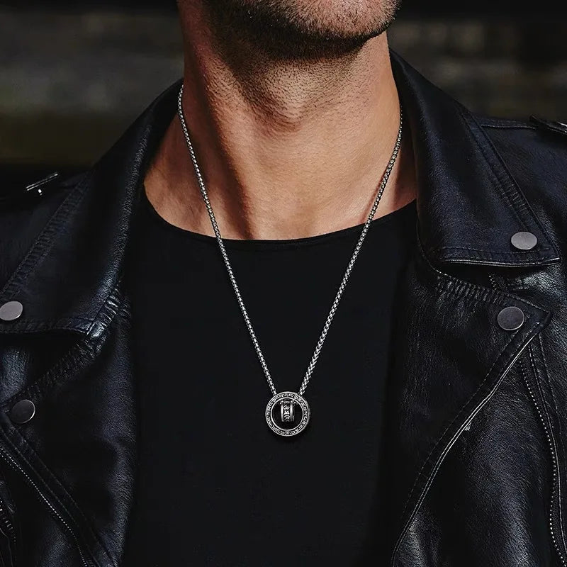 Retro   Six Character Mantra Double Ring Pendants Rotating Male Artistic Personality Versatile Necklaces Fashion Jewelry