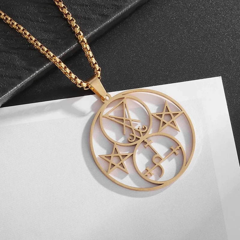 Stainless Steel Solomon Religious Seven Archangels Compass Pendant Necklace Men's Retro Lucky Amulet Jewelry