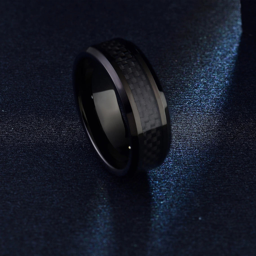 Fashion 8mm Men's Stainless Steel Ring Inlay Black Carbon Fiber Ring Wedding Engagement Jewelry Anniversary Gifts Drop