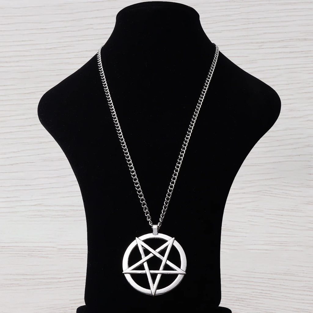 Large Pentacle Pentagram Round Star Of David Pendant Necklace Adjustable Length Long Jewelry Choker Link Chain Lagenlook 34"
