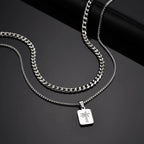 Stylish Men's Layered Necklace,Waterproof Stainless Steel Square Metal Necklace with Mini Zircon,Hip Hop Stacked Collar