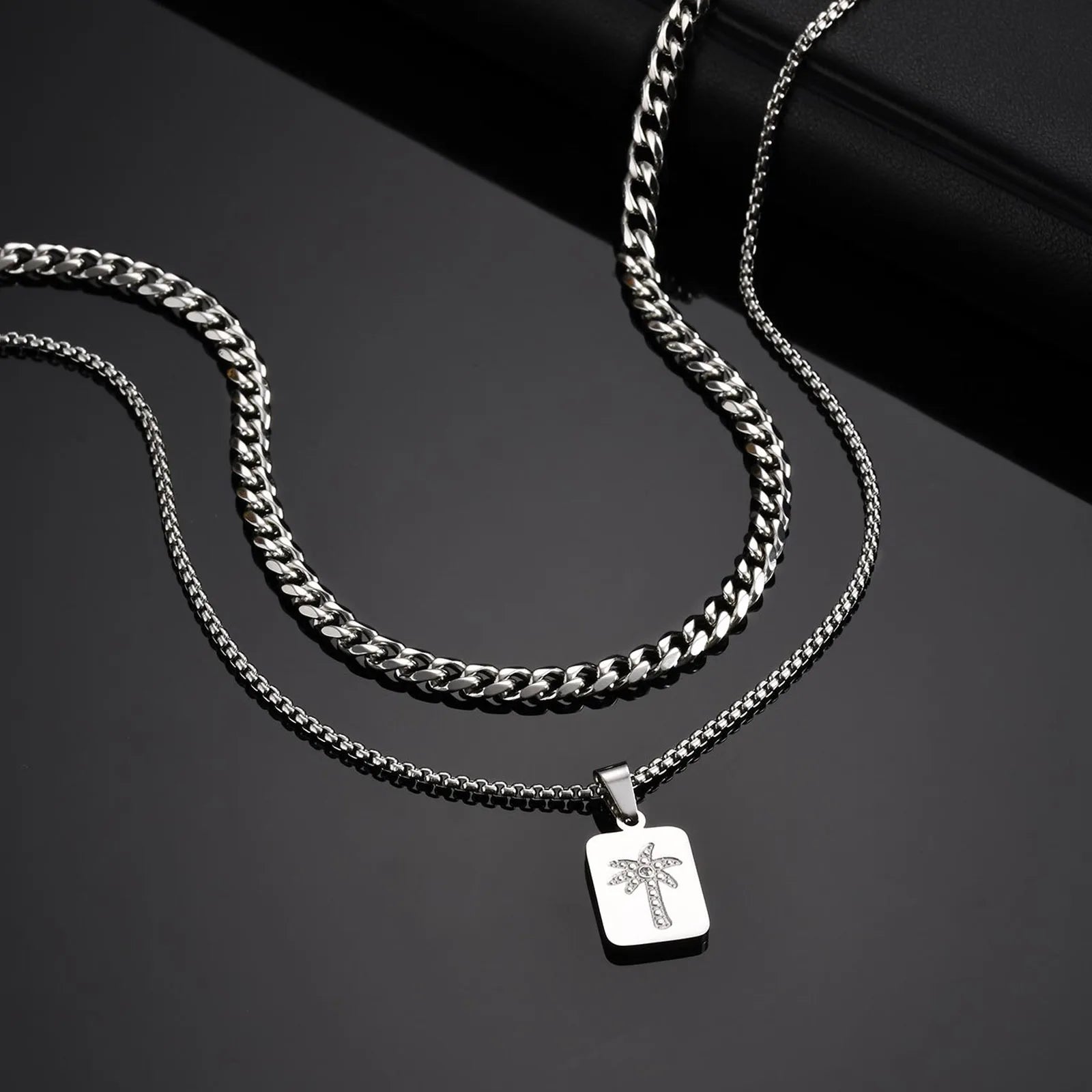 Stylish Men's Layered Necklace,Waterproof Stainless Steel Square Metal Necklace with Mini Zircon,Hip Hop Stacked Collar