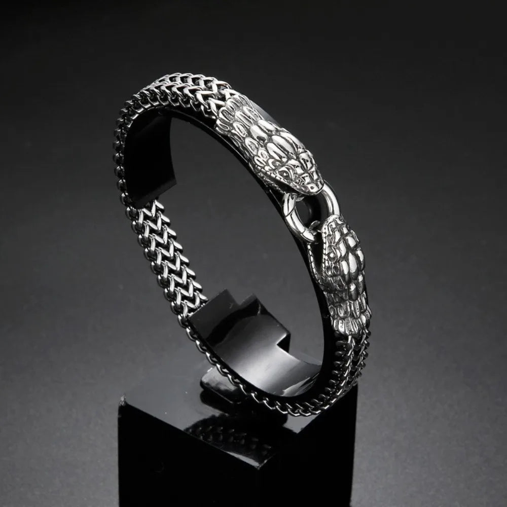 New Trend Personality Weaving Stainless Steel Metal Chain Stereo Engraving Two-headed Snake Bracelet for Men Women