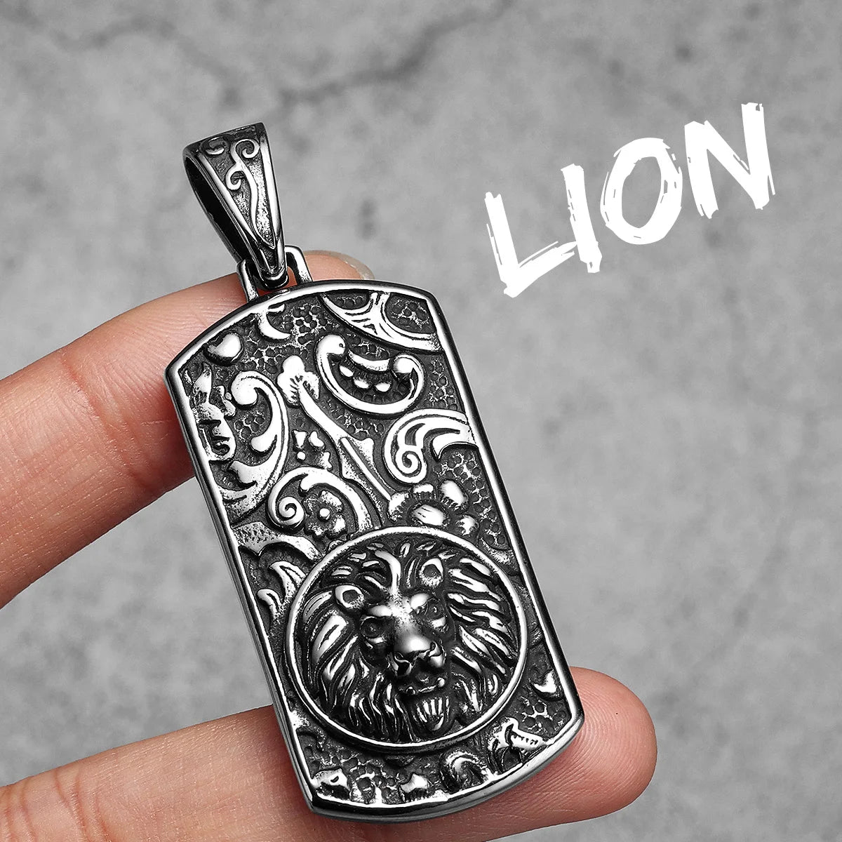 Vintage Lion Head Dog Tag Necklace — Stainless Steel