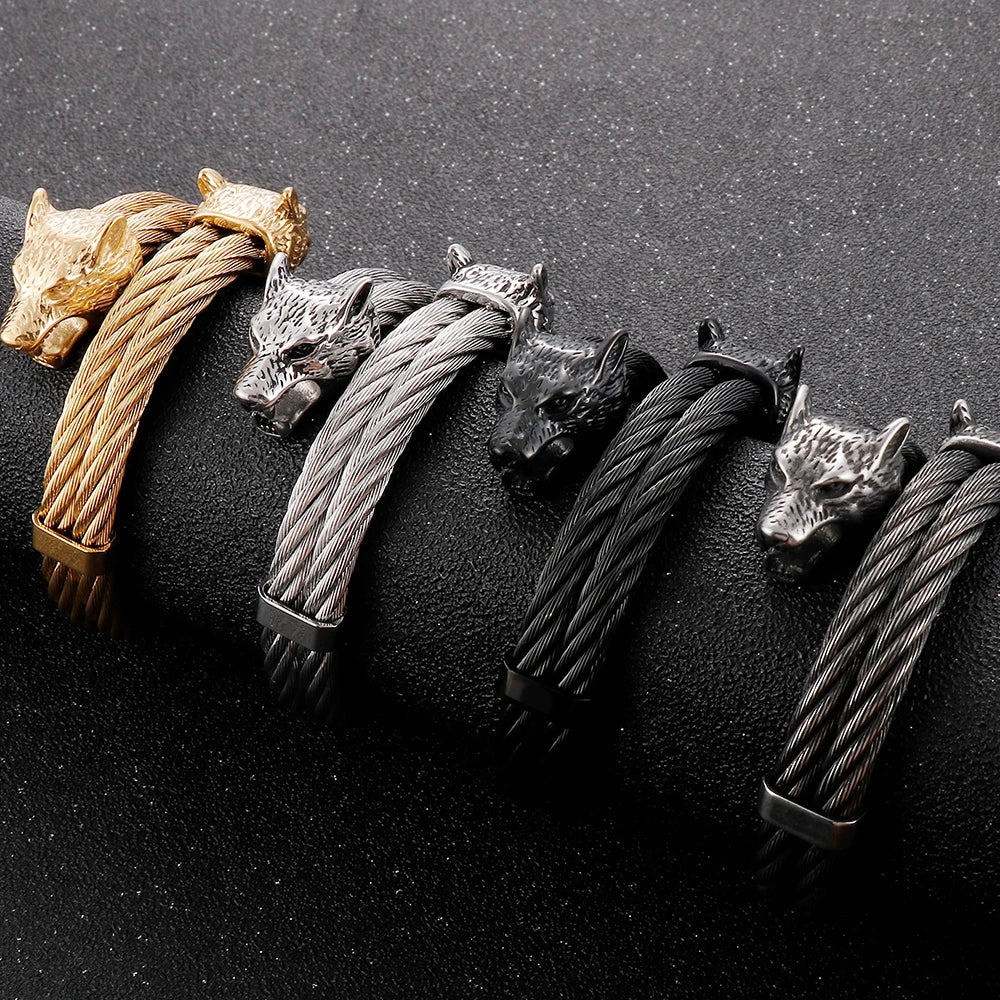 Viking Wolf Head Twisted Cable Open Cuff Bangle Bracelet For Men Stainless Steel Men's Bracelets Rock Roll Jewelry