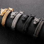 Viking Wolf Head Twisted Cable Open Cuff Bangle Bracelet For Men Stainless Steel Men's Bracelets Rock Roll Jewelry