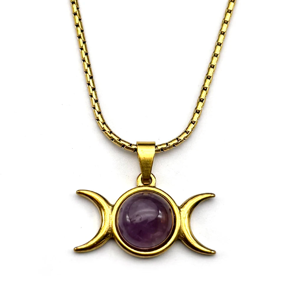 Moon Gold Pendant Witchcraft Triple Amethyst Wicca