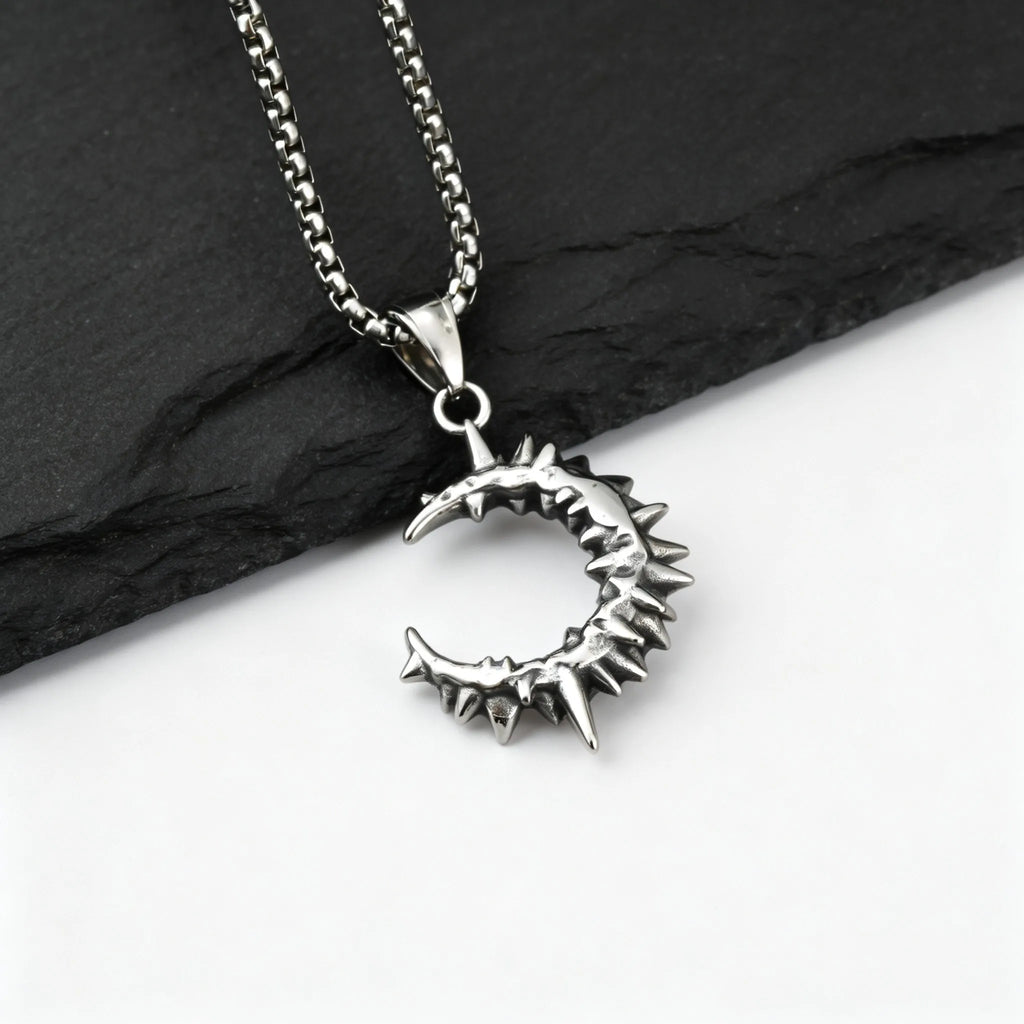 Gothic Thorn Moon Necklace for Men Boys,Vintage Stainless Steel C Shape Pendant Necklace,Birthday Party Jewelry Gift
