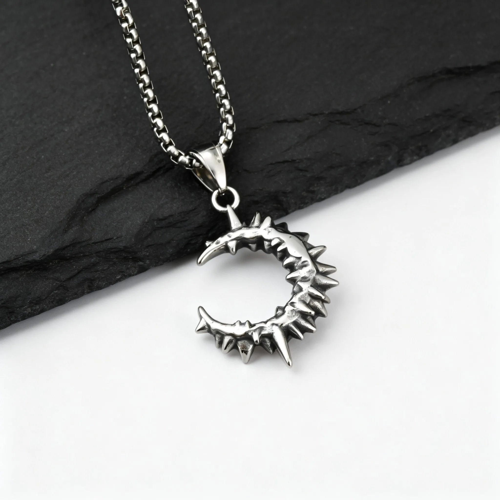 Gothic Thorn Moon Necklace for Men Boys,Vintage Stainless Steel C Shape Pendant Necklace,Birthday Party Jewelry Gift
