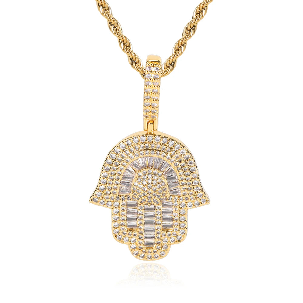 Iced Out Hamsa Pendant Necklace Stainless Steel