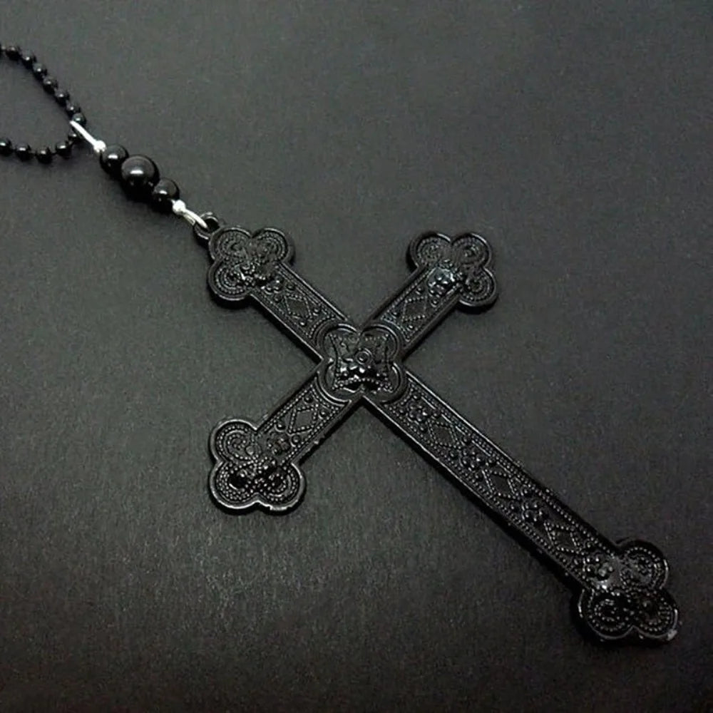 Gothic Hollow Relief Cross Pendant Beaded Chain Necklace — Black