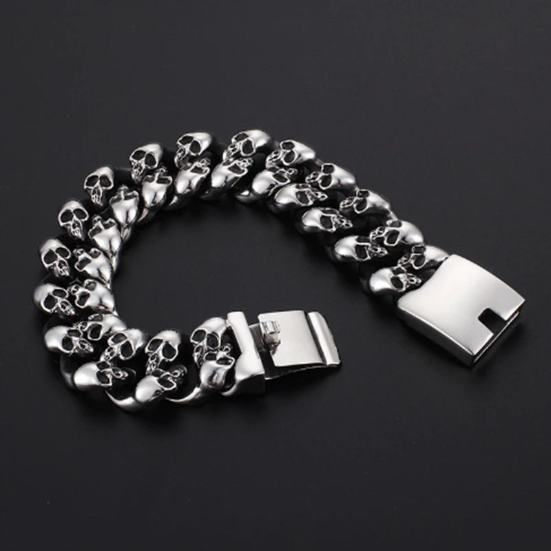 Personalized Skull Bracelet Men‘s Punk Chunky Stainless Steel Accessories Polished Gold Color Cuban Chain Trendy Jewelry