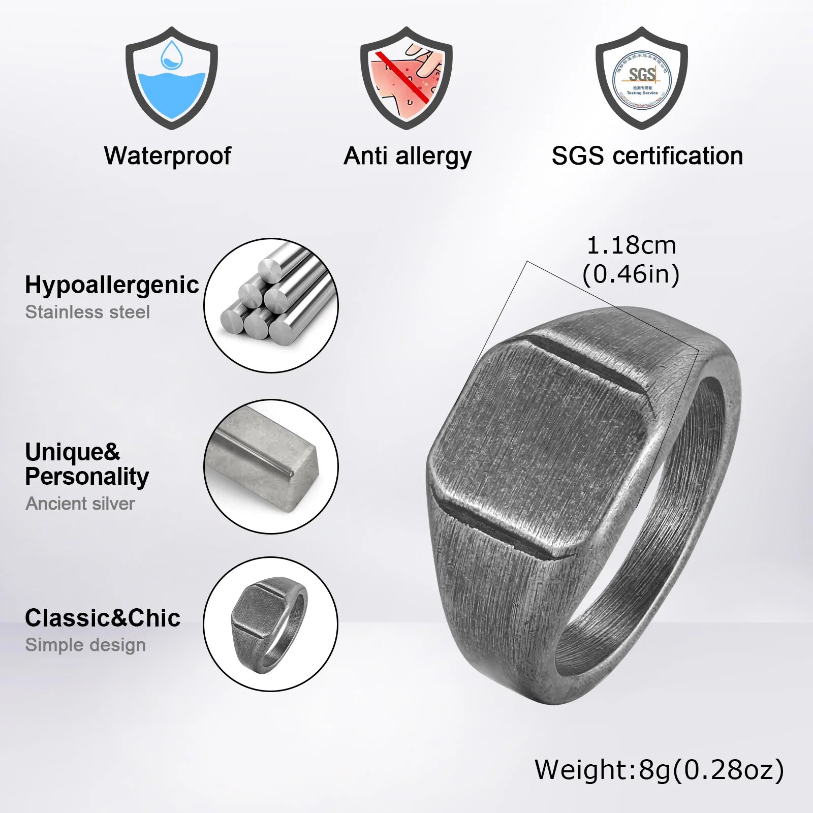 Vintage Punk Square Signet Ring for Men,Stainless Steel Ring Plain Statement Ring,Chunky Ring Geometric Thumb Ring