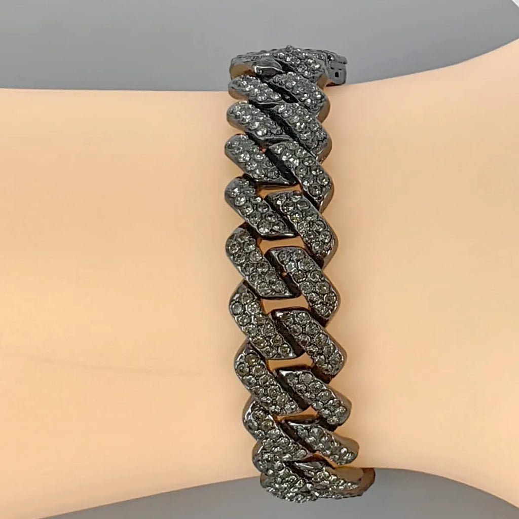 ULJ Hip Hop Shiny Black Cuban Link Chain Bracelets Women Men  Bling Rhinestone Iced Out Punk Wristband Hand Jewelry