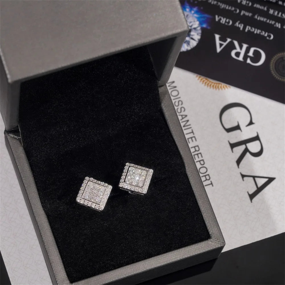 925 Sterling Silver  VVS1 D Color Moissanite  Square Stud Earrings for Men Women Screw Ear Stud Fine Jewelry Diamonds Pass Test