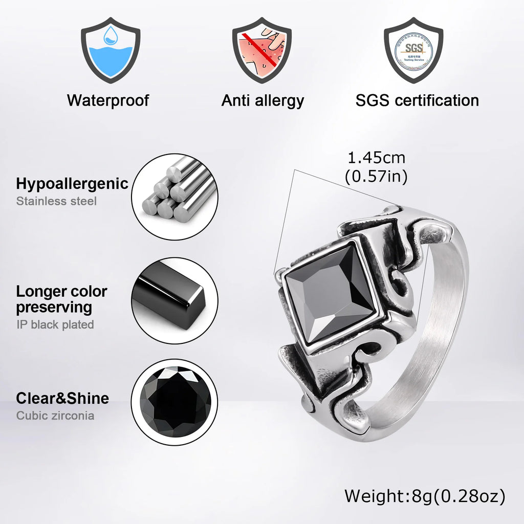 Men's Stylish Square Geometric Black Zircon Ring Stainless Steel Punk Waterproof Finger Jewelry Gift Party Daily Wear Size 7-11