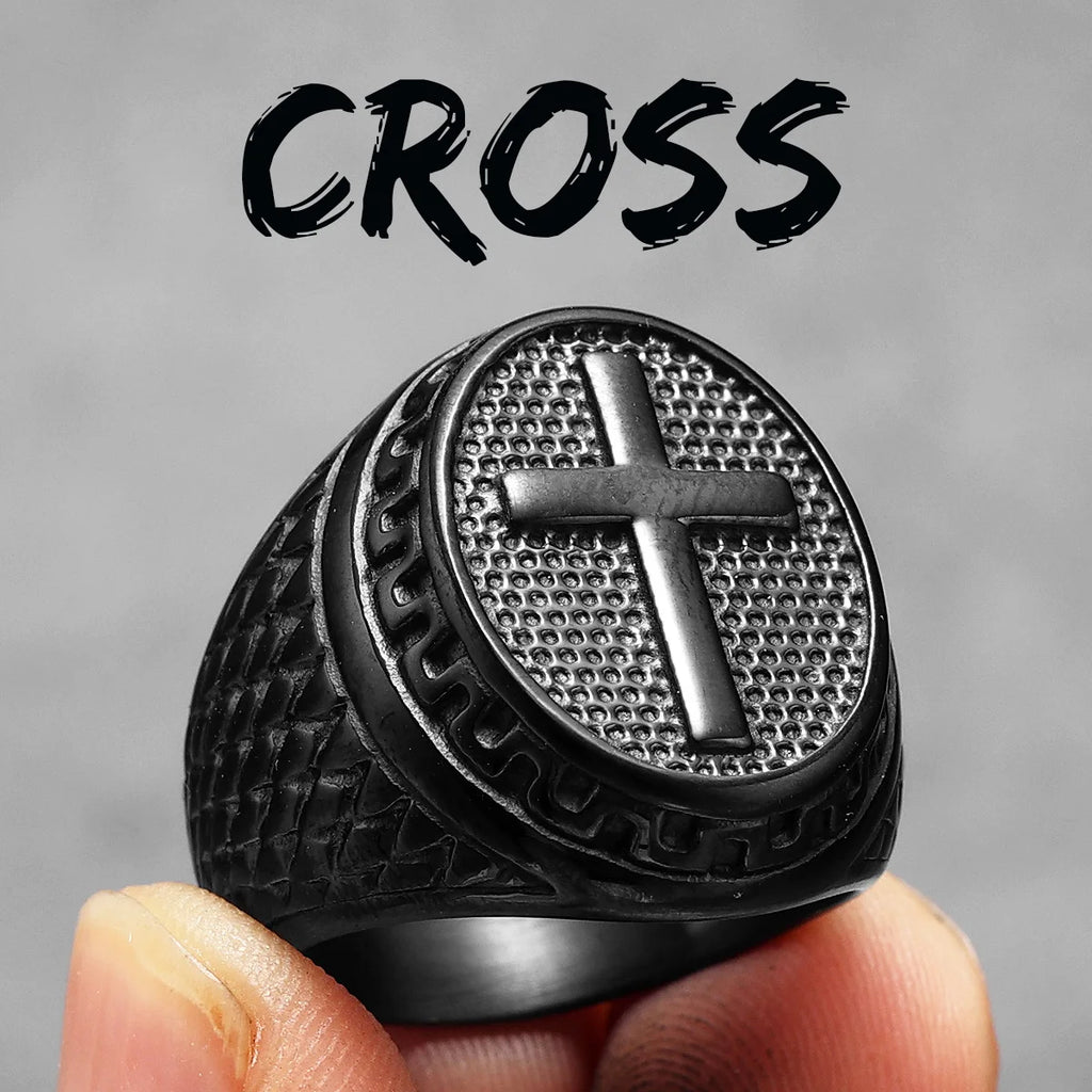 Christian Cross Black Religon Men Rings Stainless Steel Punk Cool Stuff Fashion Accessories Jewelry For Women Gift