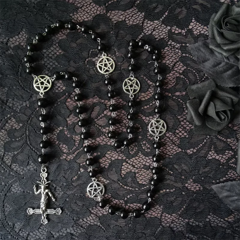 Baphomet Pentagram Cross Necklace — Black Metal