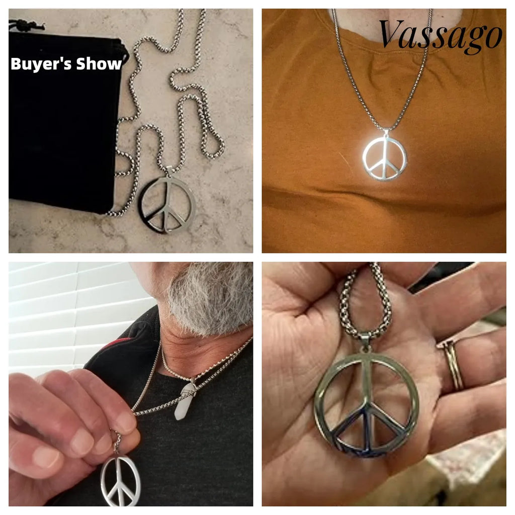 VASSAGO Hippie Style Peace Sign Necklace Peace Symbol Jewelry Stainless Steel 1960s Party Accessory Necklace for Men